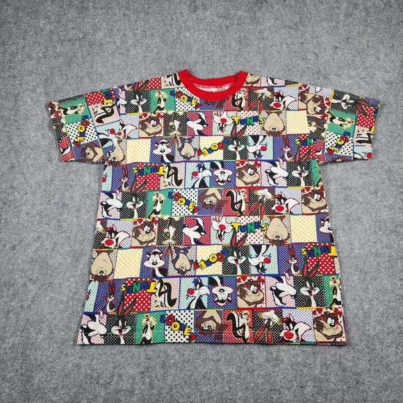 Vintage 1992 Looney Tunes Warner Bros AOP All Over Print Medium Shirt Bugs Taz